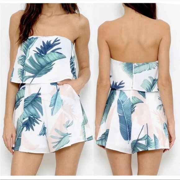 L'atiste Strapless Floral Palm Tree Leaves Romper With Pockets Size Large Beach - Picture 12 of 12